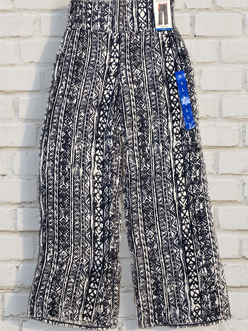 Three Dots Navy Blue & White Patterned Pull On Wide Leg Pant Size L